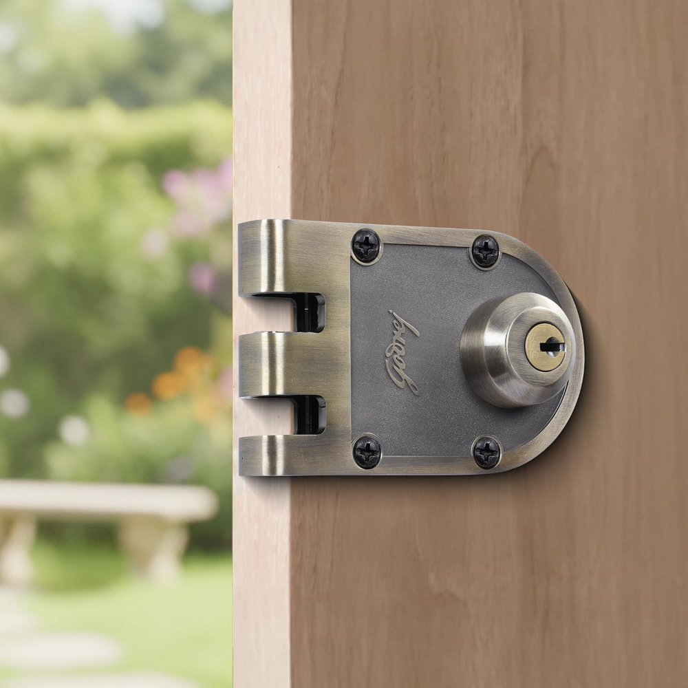 Godrej Rim Lock | Vertibolt Ultra Lock For Wooden Main Door | 2C Deadbolt | 14 Pin Cylinder | For Inside Opening or Double Dooror Sliding Door | 4 Keys | 5 Yr Warranty | Manual Locking | Antique Brass